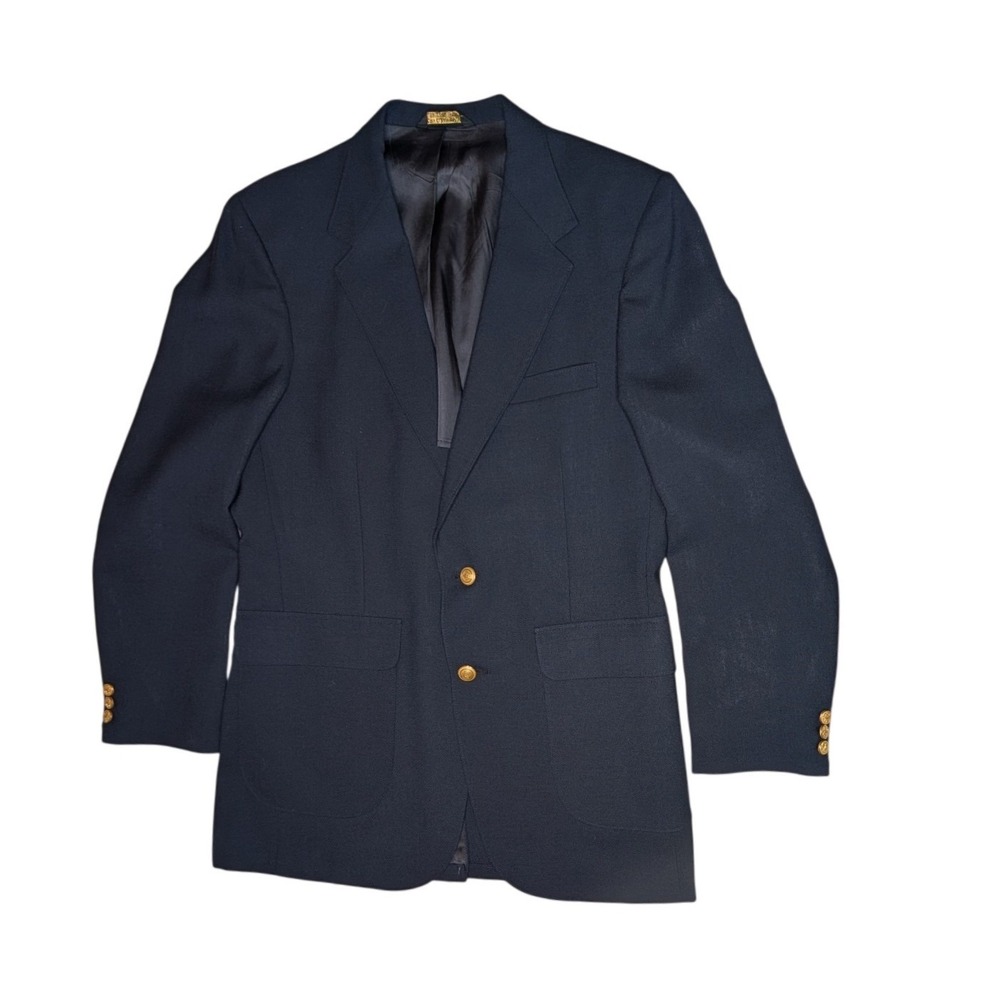 Stafford Blazer Mens 40L Navy Blue Gold Crest Button Sport Coat 40 Long